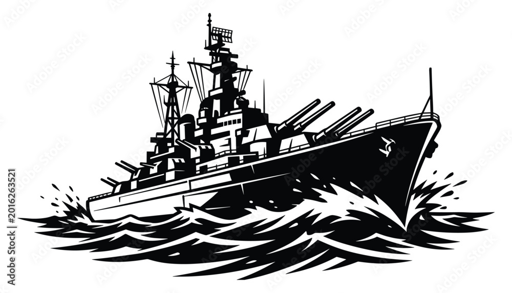 Obraz premium Powerful battleship sailing through rough waves in dynamic monochrome vector illustration, transparent background, naval warfare.