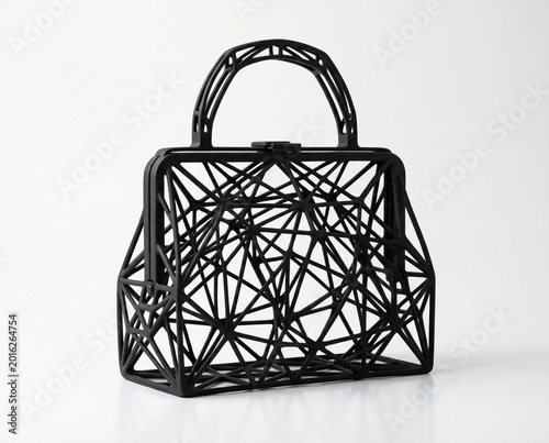 Black 3D Printed Geometric Handbag with Intricate Lattice Structure, Architectural Fashion Design Accessory.