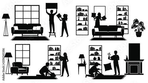 Canvas-taulu moving silhouettes depicting people furnishing a home interior