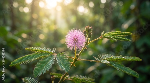 A macro photo of a sensitive plant (Mimosa pudica) pink flower at sunrise.