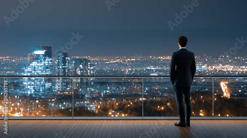 Man stands on balcony looking at city skyline with lights at night during evening hours in urban setting