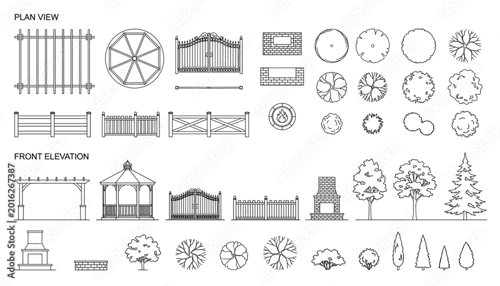 Fototapeta premium Architectural landscape symbols for fences gates gazebos trees and fireplace on transparent background.