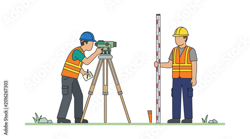 Surveyors using theodolite and measuring rod on construction site