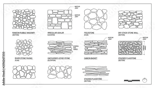 Stone wall and paving elevation and section details with transparent background vector elements.
