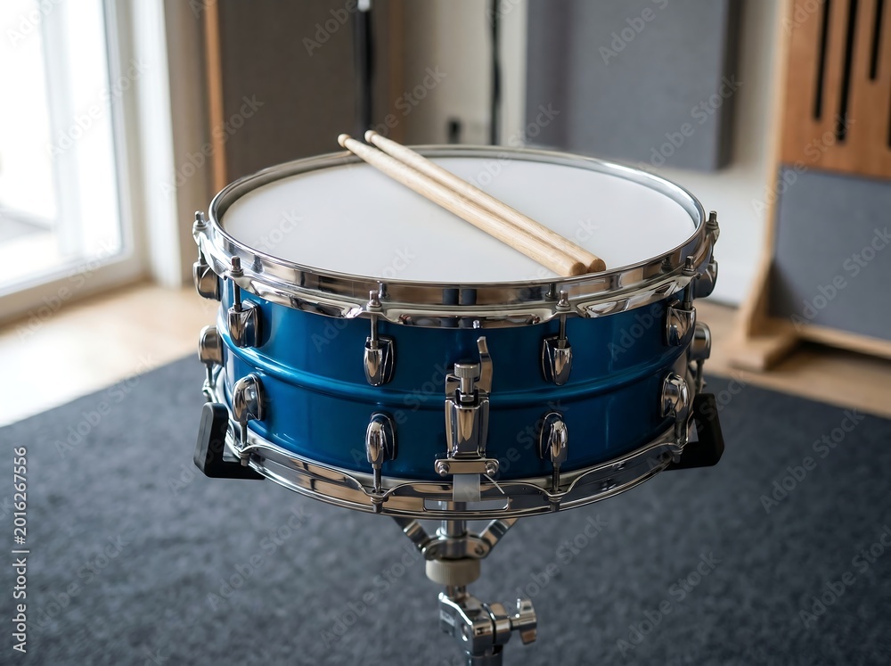 Obraz premium Blue snare drum with drumsticks on a stand in a music studio