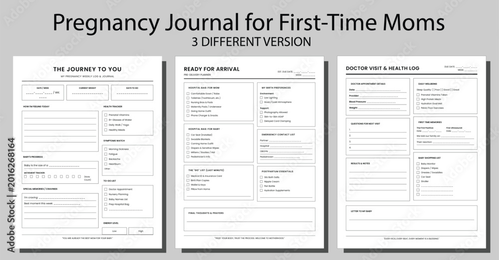 Fototapeta premium Pregnancy Journal and First Time Mom Tracker Bundle, Minimalist Maternity Weekly Log, Doctor Visit and Birth Preferences Planning Record Templates