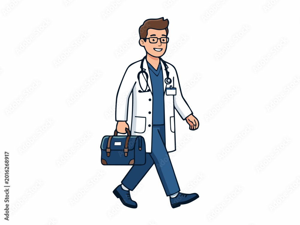 Fototapeta premium Vector illustration of a friendly male doctor walking with a medical bag and stethoscope