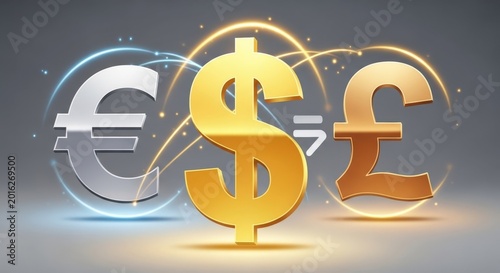 Three major global currency symbols, Euro, Dollar, and Pound, interconnected with glowing digital lines representing international finance and exchange.