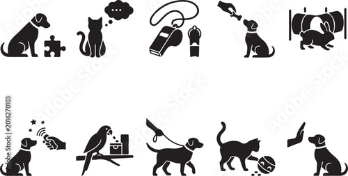 Obraz na plátně Vector set of pet training and animal behavior icons