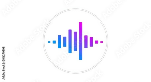 A vibrant blue and purple sound wave equalizer graphic displayed within a clean white circular frame on a plain background.
