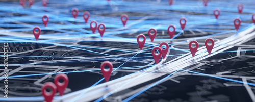 Monitored traffic, 3D map illustration with interconnected elements.