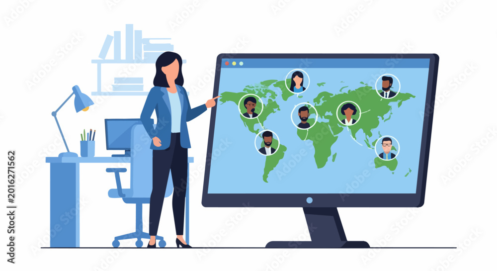 Naklejka premium Businesswoman Managing Global Remote Team on Computer Screen with World Map. Professional International Networking, Digital Collaboration, and Outsourcing Concept Illustration.