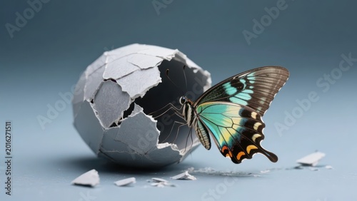 A butterfly with vibrant blue wings emerges from a broken off-white eggshell, capturing the moment of metamorphosis and new life, full of vitality and symbolism.