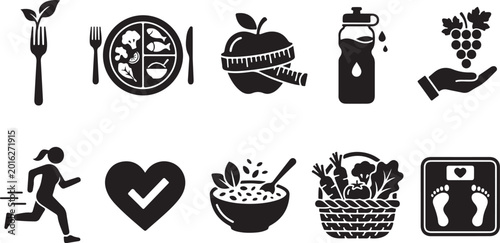Obraz na plátně Set of healthy diet and nutrition icons in black silhouette style