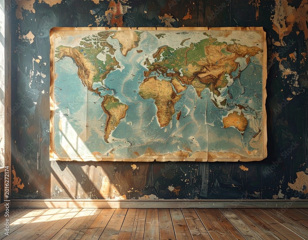 Naklejka premium Vintage world map hanging on weathered wall with peeling paint and sunlight hitting the wooden floor in rustic room interior