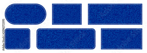 Cuadro en lienzo Blue denim fabric patch label set with white stitching