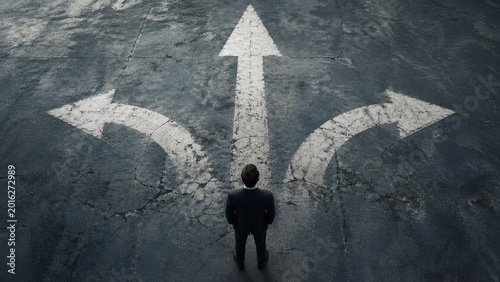 Businessman Facing Three Direction Arrows Decision Concept