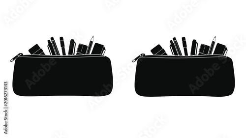 Foto Pencil cases filled with stationery black silhouette on white background