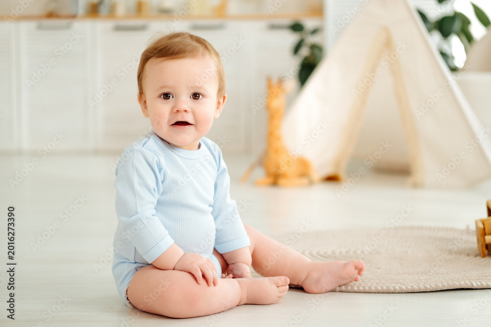 Fototapeta premium baby boy is smiling, little child is playing at home, early childhood development, baby is playing in the nursery at home
