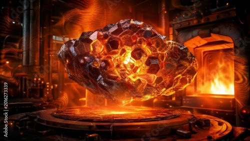 Meteorite crystal lattice glowing with thermal energy waves inside an industrial furnace.