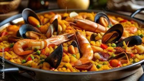 Close-up of traditional Spanish seafood paella with shrimp and mussels.