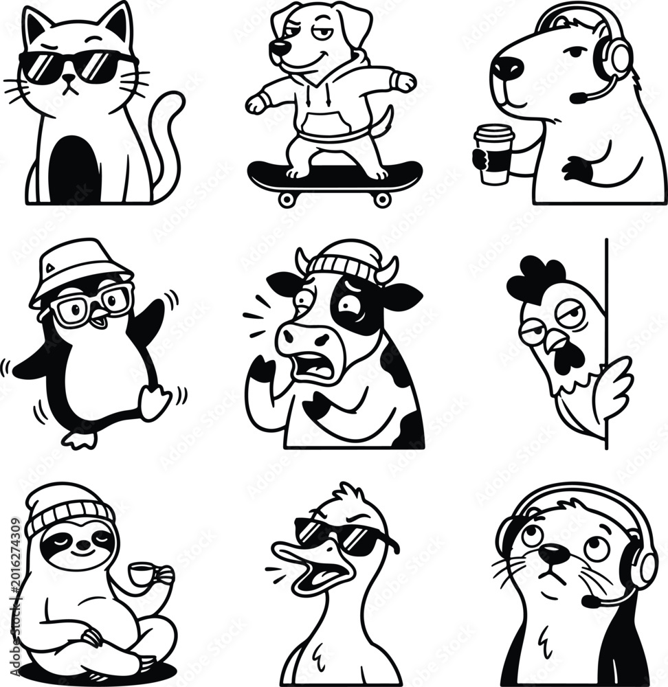Naklejka premium Set of cute funny animals cartoon characters including a cool cat a skating dog a cow and a sloth in a black and white hand drawn vector illustration style
