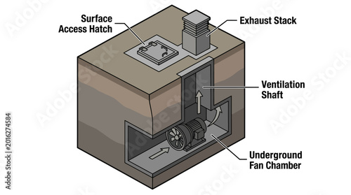 Diagram illustrating the components of an underground ventilation system with an exhaust stack and fan chamber.