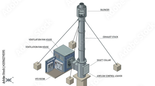 Diagram illustrating an industrial exhaust stack with a blower and ventilation system.