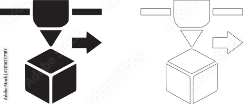 Tableau sur toile Industrial 3D printer nozzle extruding a three dimensional cube with motion arrow icon set in silhouette and line art style