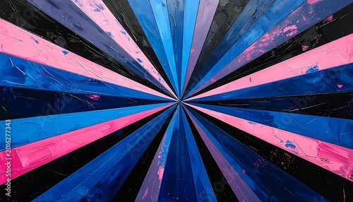 Sunburst Rays Abstract Acrylic Painting In Vibrant Pink And Blue Emanating From A Central Point On A Textured Black Canvas