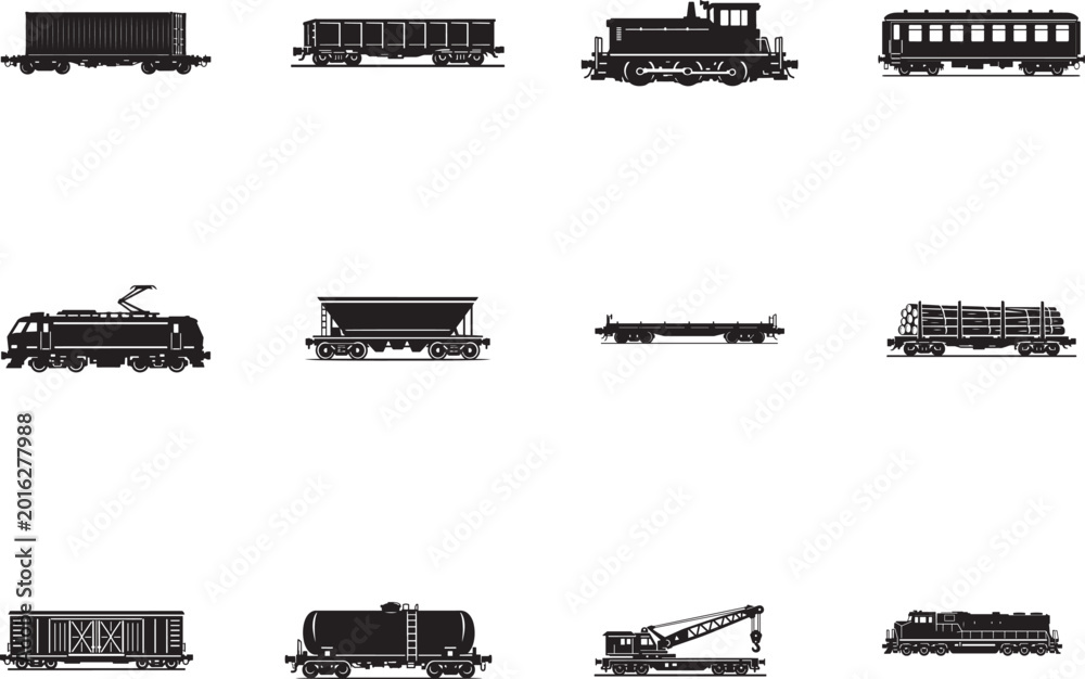 Obraz premium Locomotive and railway wagon icon set with freight train transport vector illustrations.