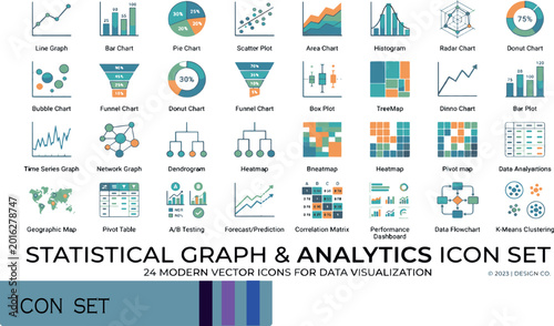 Print Statistical Graph and Analytics Icon Set - Modern Vector Icons for Data Visualization and Infographics