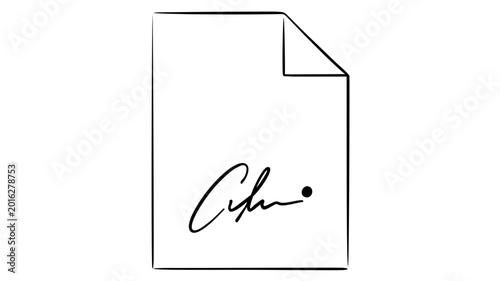 Minimalist flat vector icon of a finalized commercial pact displaying a formal document with a blue pen and autograph line, ideal for corporate legalities and executive trade agreements.