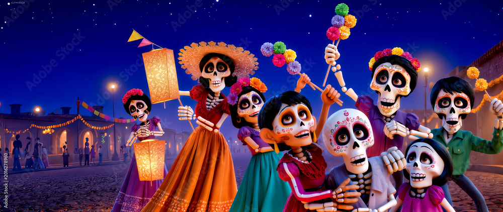 Naklejka premium Vibrant 3D cartoon style illustration of a happy group of children and adults in sugar skull makeup celebrating Day of the Dead on a historic street at night with starry sky and copyspace.