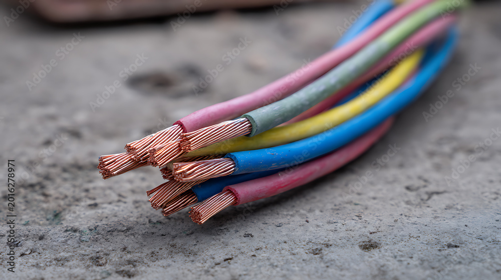Fototapeta premium Colorful Bare Copper Wires for Electrical Installation, Closeup View of Exposed Strands on Concrete Surface, Construction Material