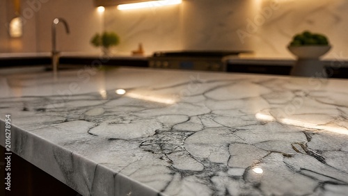 Close-up of marble table top with elegant veining patterns on kitchen island surface.