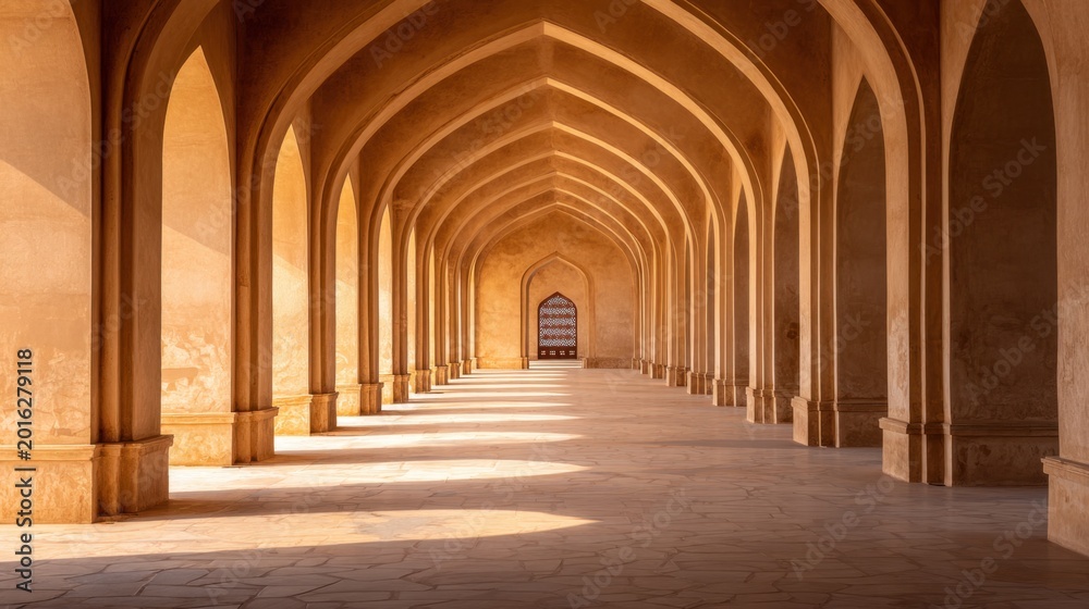 Obraz premium An expansive corridor with multiple arches and warm light creates a serene, inviting atmosphere