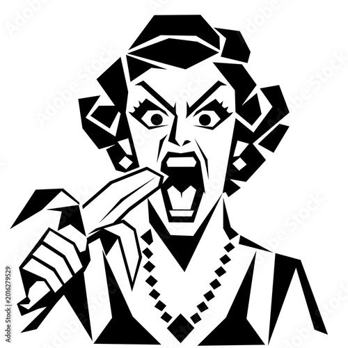 Tableau sur toile Black and white geometric illustration of a surprised retro woman holding a banana, with expressive face and absurd humor concept