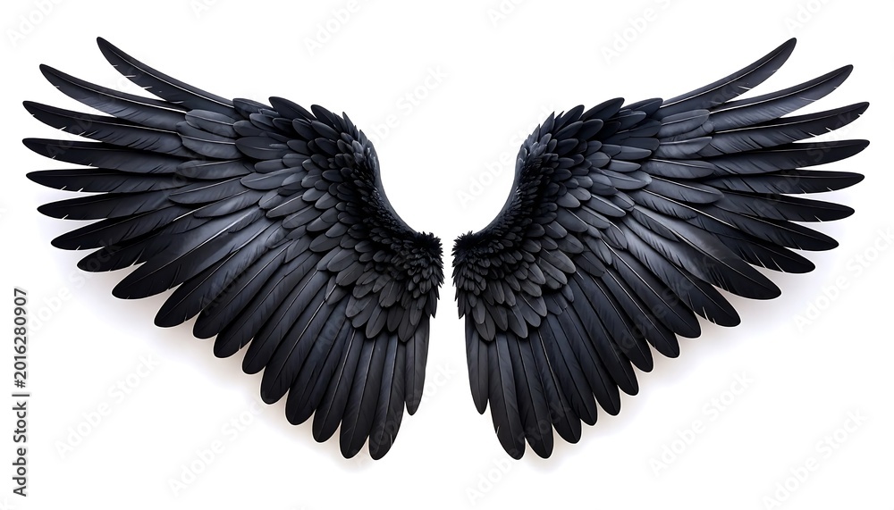 Obraz premium Pair Of Detailed Feathered Black Wings Spread Wide Open In A Symmetrical Pose Isolated On A Solid White Background For Creative Design Projects