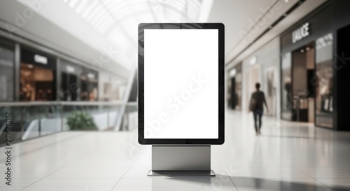 Blank vertical digital signage billboard mockup in a modern shopping mall corridor