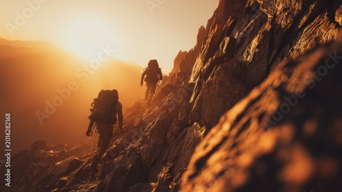 Hikers climbing mountain at sunrise