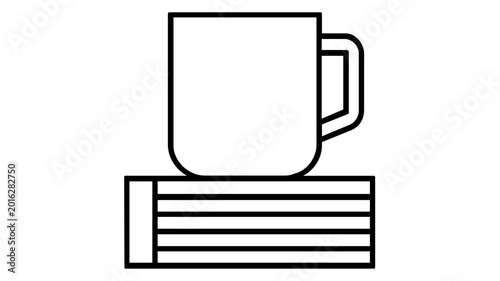 Ceramic coffee mug sitting on a sheet of financial figures vector icon illustration isolated on white background for office supply break time morning business workflow and workplace productivity