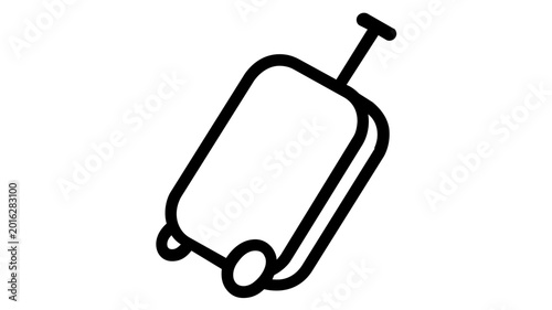 Sleek black rolling travel suitcase vector icon featuring a long telescoping handle and sturdy wheels, modern luggage illustration for international travel and holiday trip preparation.