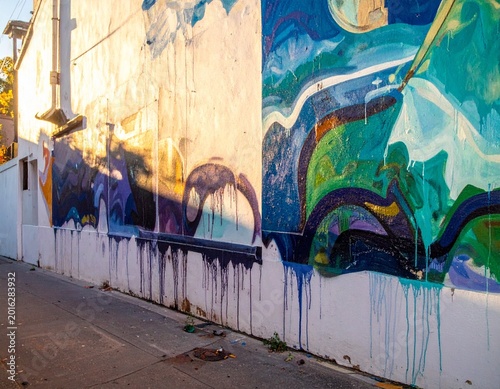 Vibrant urban street art splashes across an aged wall, creating a dynamic blend of abstract celestial designs and flowing colors illuminated by golden sunlight in a quiet alleyway