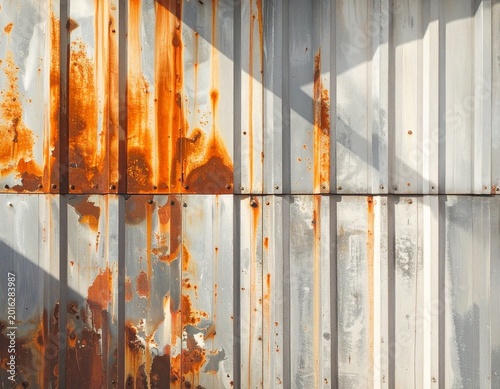 Close-up of Corrugated Metal with Rust Stains and Shadows, Showing Texture and Weathering
