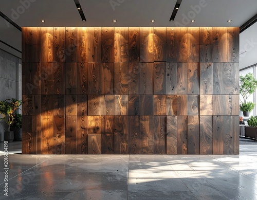 Warm Wooden Wall Panels Illuminated by Sunlight in Modern Interior Design with Natural Light