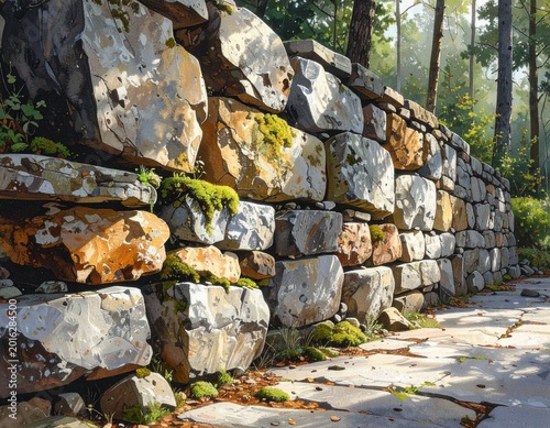 Rustic Dry-Stacked Stone Wall Bathed in Golden Sunlight, adorned with vibrant moss, creating a serene and timeless natural garden boundary amidst lush green foliage