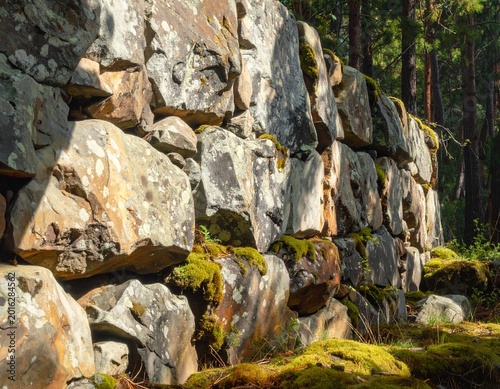 Historic dry stone wall, adorned with verdant moss and bathed in warm sunlight, stands as a testament to enduring craftsmanship amidst the tranquil embrace of nature's persistent growth