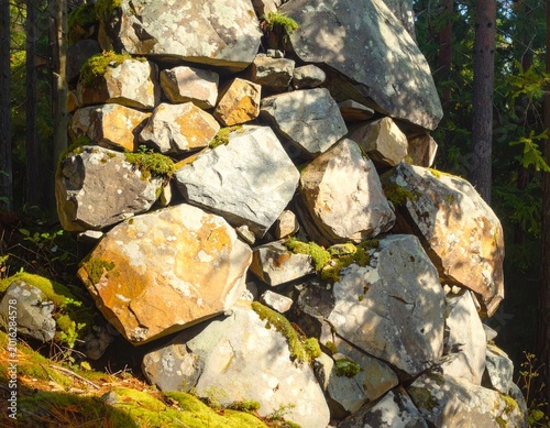 Ancient Stone Structure Covered in Moss in a Sunlit Forest