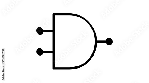 Flat vector icon illustration of a logic gate symbol with two inputs and one output representing digital circuitry and computing components for data science and technological designs.
